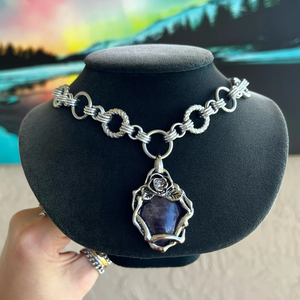SOLD ON DEP steel necklace double chain purple amethyst gemstone flower charm - Picture 5 of 11
